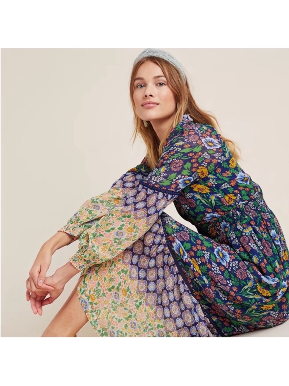 Anthropologie Floral Patchwork Maxi Dress in Navy, Green, Yellow